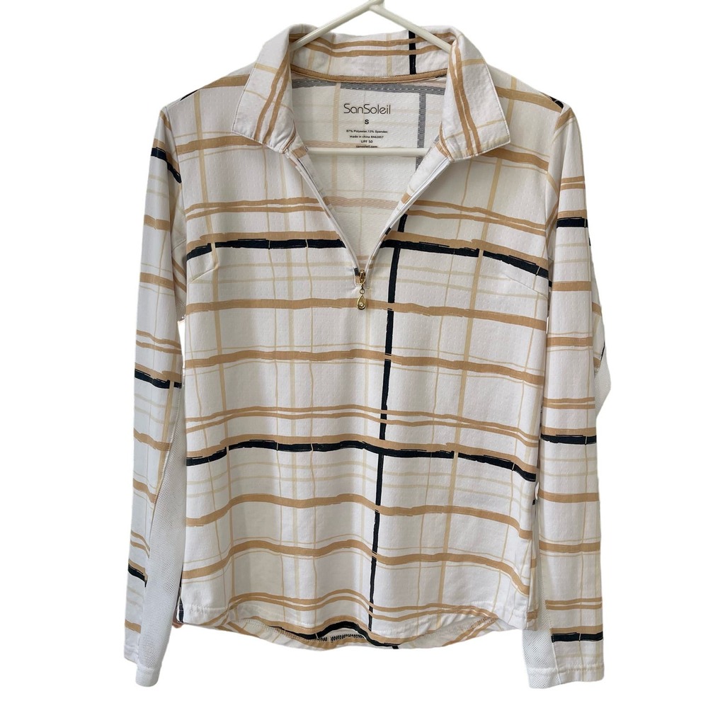 SanSoleil Women's Plaid Long Sleeve Top - Cream and Black